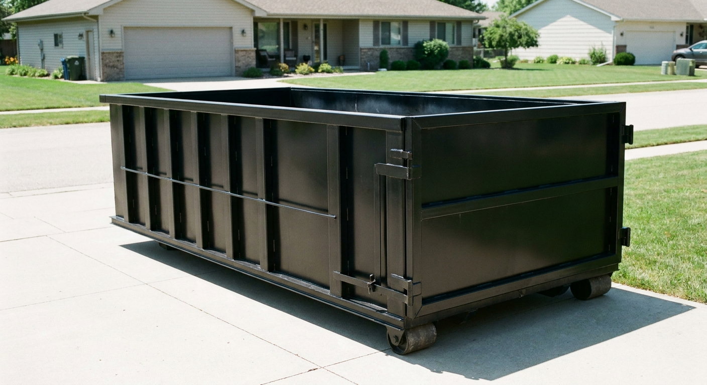 Matte-black 10-yard roll-off dumpster on a residential concrete driveway in Albany, uniformly painted matte black across every panel and rail, ribbed steel sidewalls and rear swing door visible, mid-day daylight.