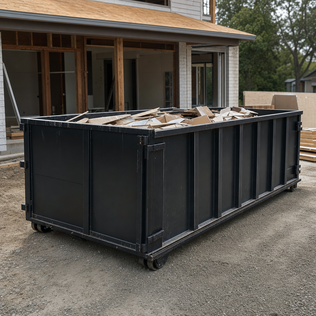 Large matte-black 30-yard construction roll-off dumpster at an active Albany jobsite, steel-gray top rails and bottom rollers visible, loaded with construction debris.