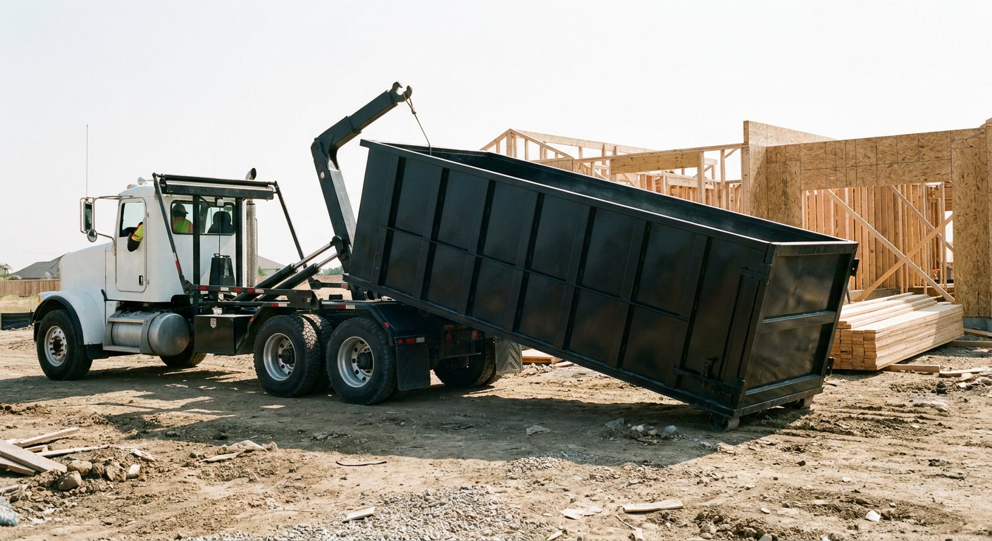Matte-black roll-off dumpster being delivered onto a clean residential concrete driveway in Albany by an unmarked white hooklift hauler truck, bright morning daylight, documentary 35mm perspective.