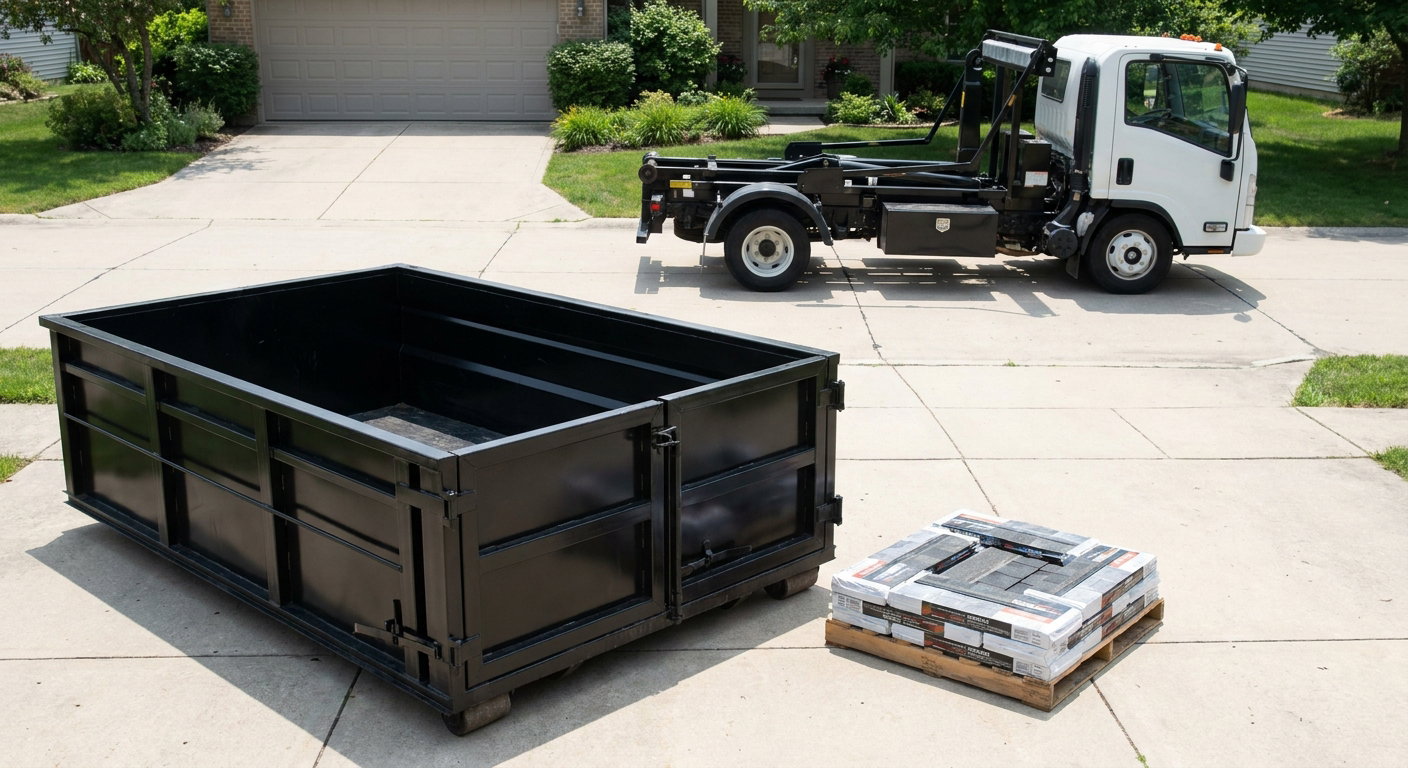 Matte-black 15-yard roofing roll-off dumpster with reinforced low side walls sitting directly on a Albany residential concrete driveway, three-tab asphalt shingle bundles stacked nearby, an unmarked white hauler truck partially visible at the edge of the frame.