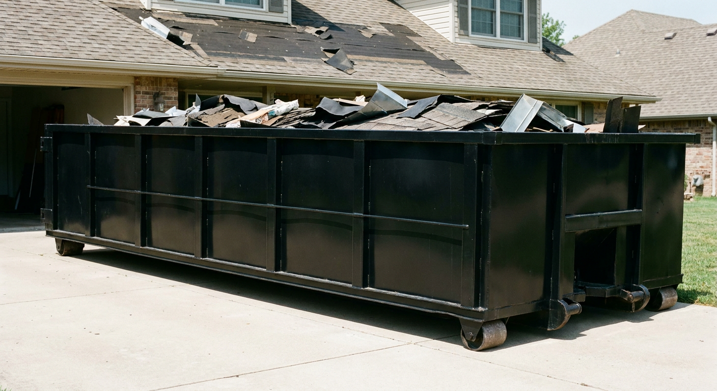 Matte-black 20-yard roofing roll-off dumpster with steel ribbed sides and swinging rear door, sitting directly on the concrete driveway of a two-story Albany home, asphalt shingle debris being loaded over the low wall, clean documentary lighting.