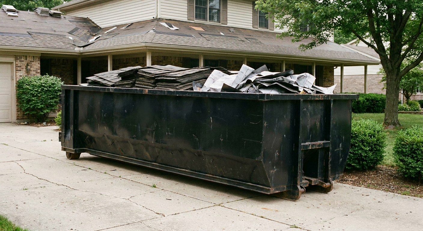 Matte-black 30-yard roofing roll-off dumpster sitting directly on a Albany concrete driveway, taller ribbed steel side panels, mixed tear-off debris of asphalt shingles and underlayment inside, professional documentary daylight.