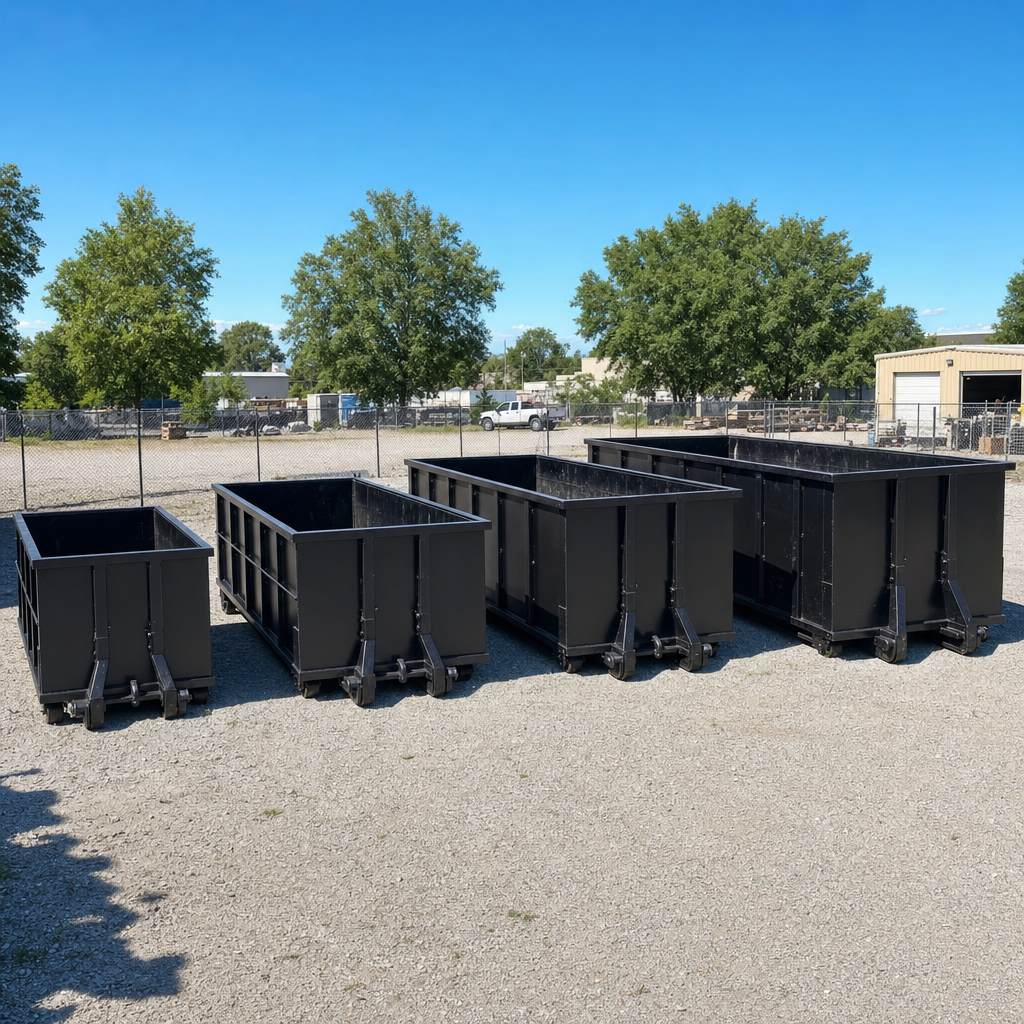 A clean lineup of matte-black roll-off dumpsters in 10, 20, 30, and 40-yard sizes staged on a sunlit gravel yard in Albany, showing the size progression from compact to commercial-scale containers.