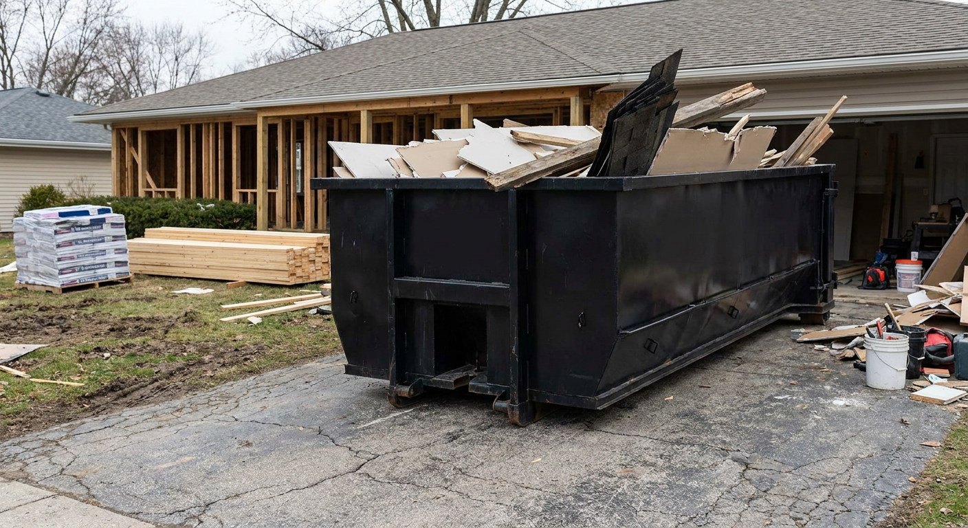 A matte-black 20-yard roll-off dumpster placed alongside a mid-renovation Albany home directly on the asphalt driveway, with framing materials and torn-off shingles staged neatly nearby.