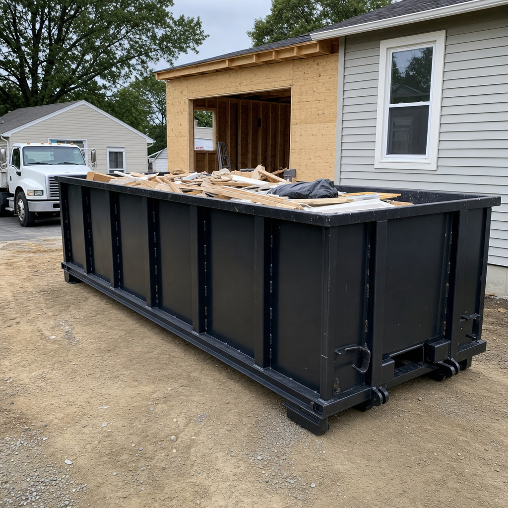 A matte-black 30-yard roll-off dumpster positioned at a Albany residential addition jobsite, with framing lumber and drywall scraps loaded through the open swinging rear doors.