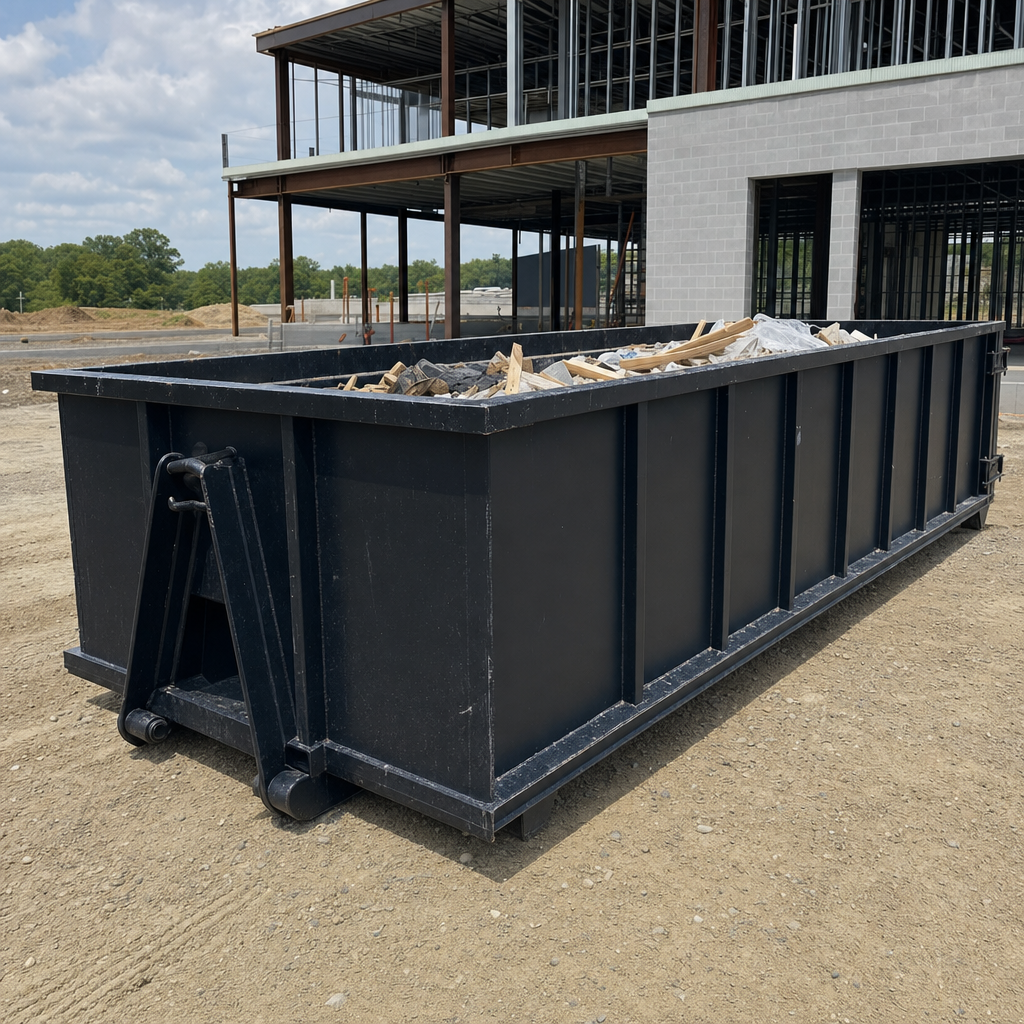 A matte-black 40-yard roll-off dumpster staged on a large Albany commercial construction lot, with a hooklift delivery truck parked alongside under bright midday sky.